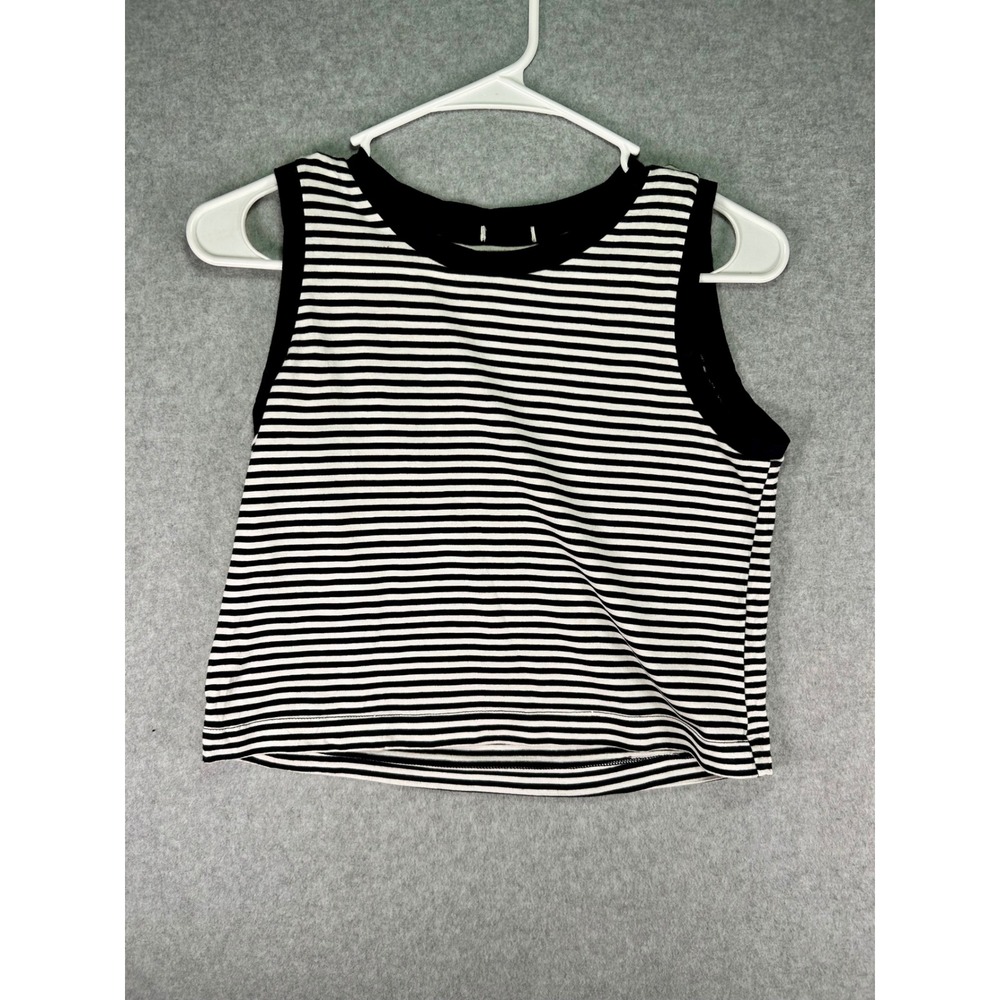 Black White Striped Crop Tank Top Womens Medium Sleeveless Ribbed Vest M